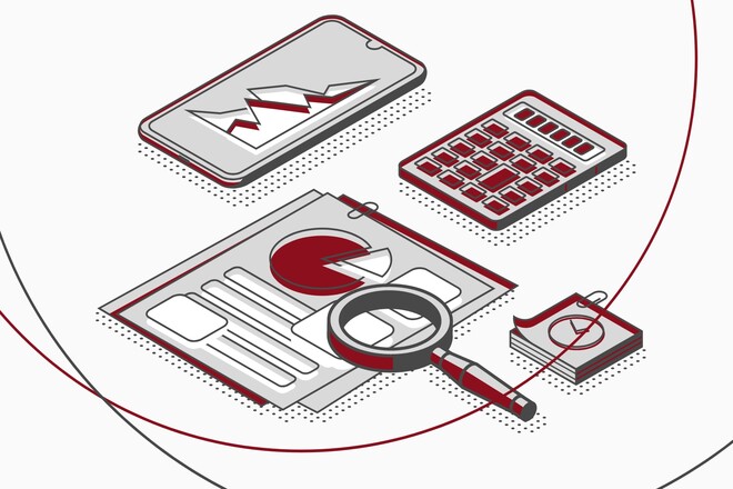 Grafik mit Smartphone, Akten, Kompass und Taschenrechner