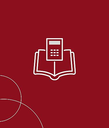 Grafik von Buch und Taschenrechner vor rotem Hintergrund