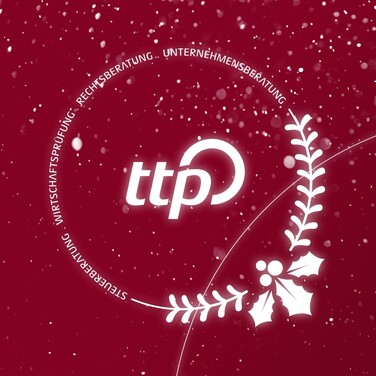 ttp Logo, umrahmt von einem Weihnachtlichen Kranz, auf roten Hintergrund