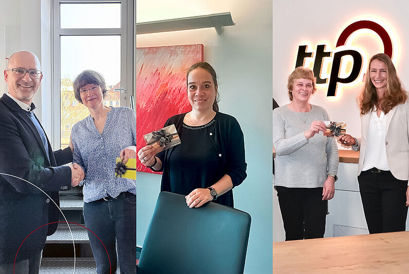 3 Frauen, die einen Gutschein überreicht bekommen