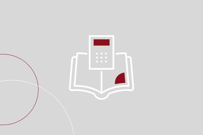 Grafik von einem Buch mit Taschenrechner auf grauem Hintergrund