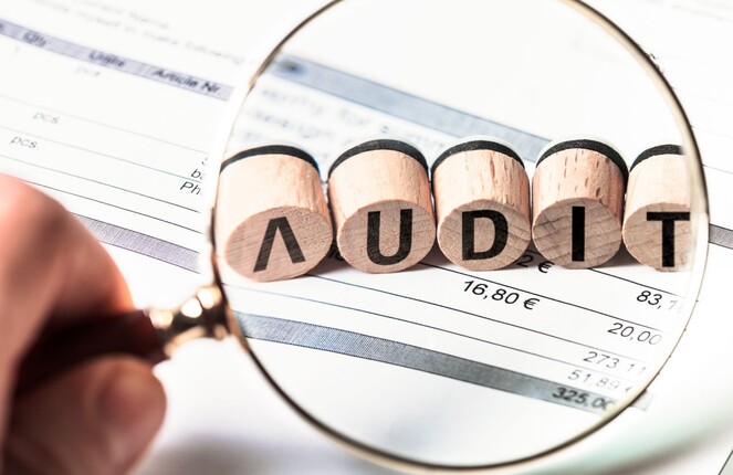 Rechteckiges Bild von einer Lupe die vor fünf stempeln gehalten wird