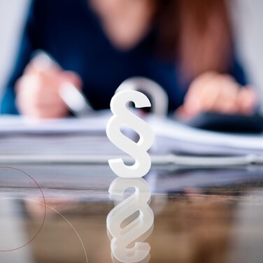 Stehender Paragraph vor einer arbeitenden Frau am Schreibtisch.