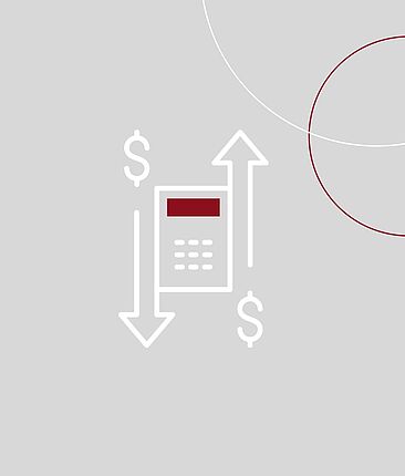 Grafik mit Pfeilen, Dollar-Symbolen und Taschenrechner