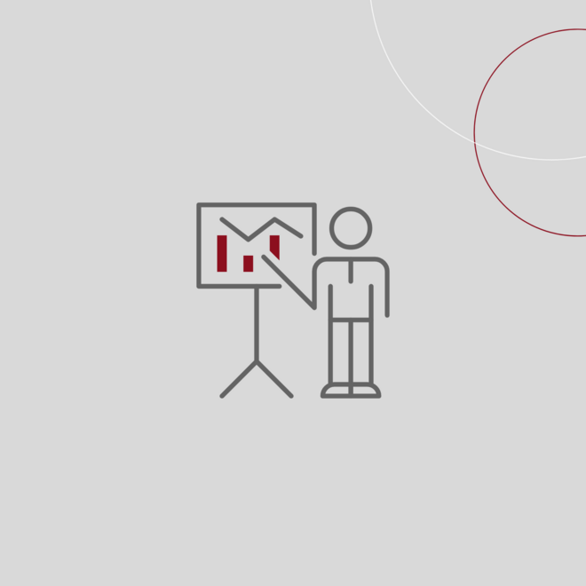 Grafik mit einem Mann vor einer Präsentationstafel auf grauem Hintergrund