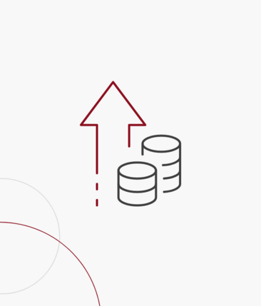 Grafikkachel: Roter Pfeil nach oben mit Geldmünzen davor.