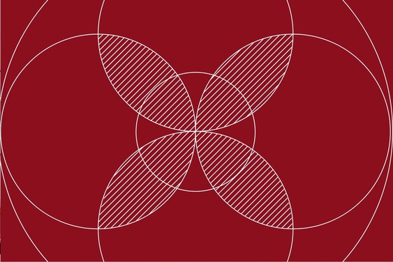 Weiße Kreise mit schraffierten Flächen auf rotem Hintergrund