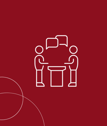 Weiße Illustration zweier sprechender Menschen vor rotem Hintergrund